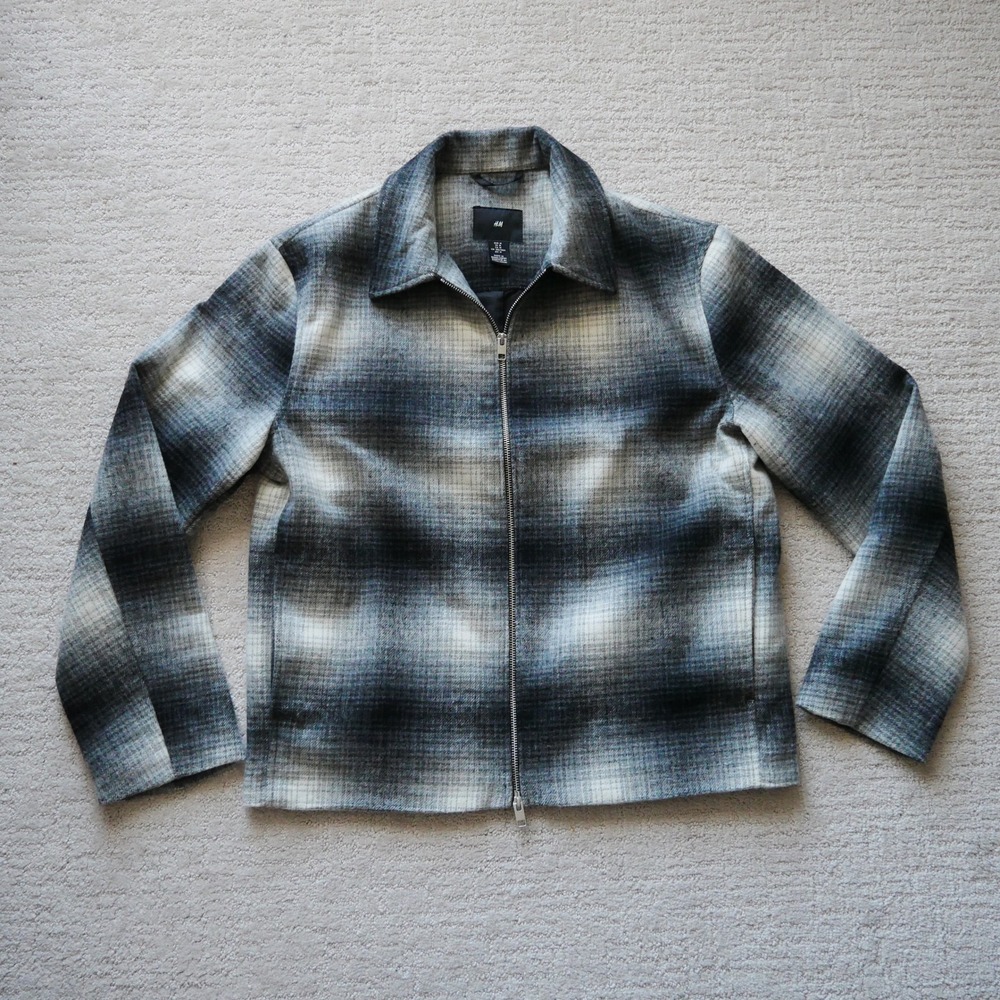 HM Mens Grey Black Ombre Plaid Wool Blend Zip Up Harrington Jacket Size M